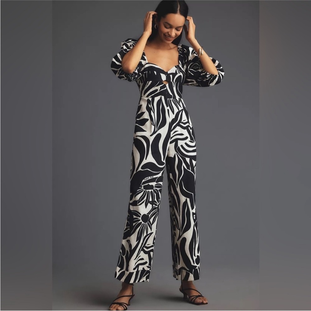 FARM Rio Puff-Sleeve Printed Linen Jumpsuit, Black, Size Large